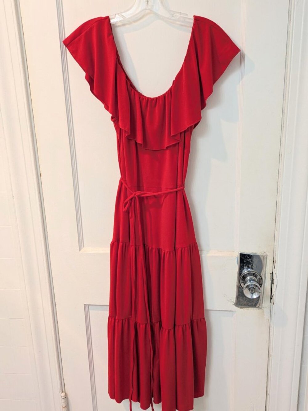 Westport Red Tiered Maxi Dress with Ruffle Neckline & Sleeves - Size 10
